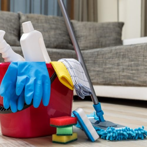 Cleaning Service Sponges Chemicals And Mop Picture Id654153664